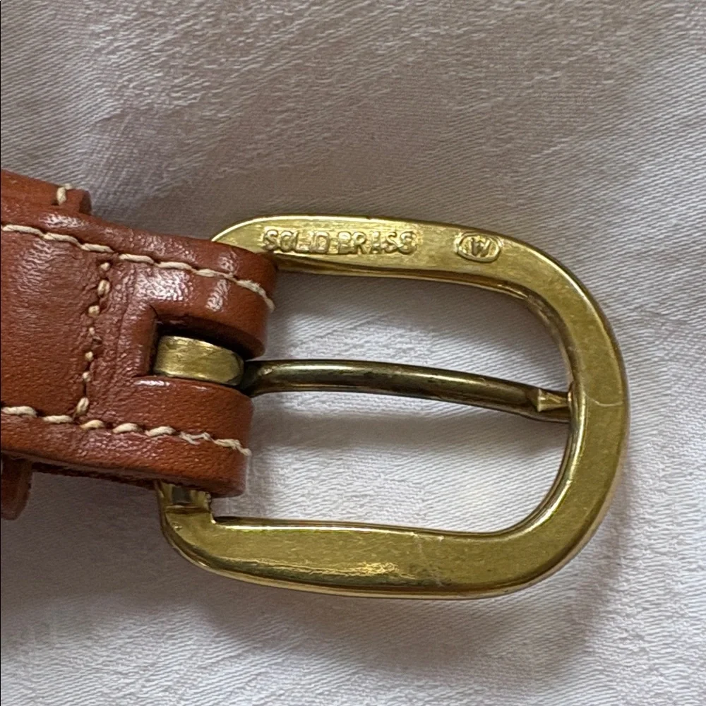 Brooks Brothers Solid Brass Belt Braided Navy Knit Brown Leather Trim 42
